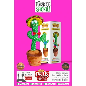 Türkçe ve Yabancı Müzikli Dans Eden Kaktüs Konuşan Taklitçi, Sarjlı, Peluş Oyuncak Mor Giysili