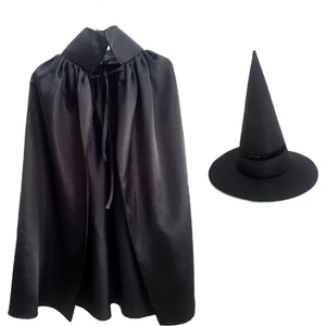 Gala Kostüm Hallowen Cadılar Bayramı Siyah Çocuk Cadı Şapkası ve Pelerin (70CM) Set 4 - 9 Yaş