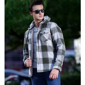 Exve Exclusive Haki Gri Ekose Dama Kareli Kapüşonlu Içi Yün Kürklü Kışlık Oduncu Ceket Gömlek