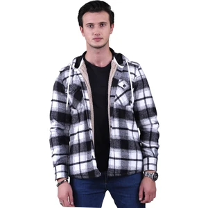 Exve Exclusive Siyah Beyaz Ekose Kareli Kapüşonlu Içi Yün Kürklü Kışlık Oduncu Ceket Gömlek