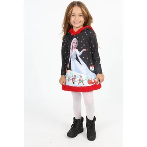 Lolli Boom Kids  Çocuk Şardonlu Yılbaşı Noel Baskılı Kapüşonlu Peluş Detay Mini Elbise