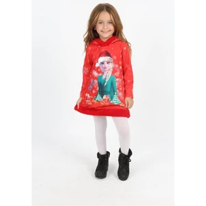 Lolli Boom Kids  Çocuk Şardonlu Yılbaşı Noel Baskılı Kapüşonlu Peluş Detay Mini Elbise