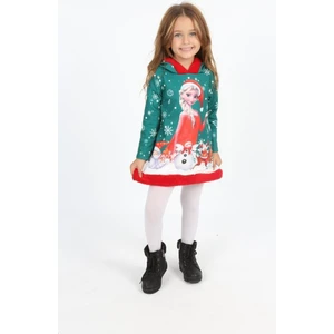 Lolli Boom Kids  Çocuk Şardonlu Yılbaşı Noel Baskılı Kapüşonlu Peluş Detay Mini Elbise