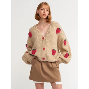 60185 V Yaka Çilek Nakışlı Balon Kol Triko Hırka-Koyu Bej