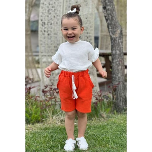 2023 Kız Çocuk Yazlık Müslin Short Bluz Takım %100 Pamuk - Orange