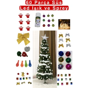 Yılbaşı Çam Ağacı Seti 150 cm Süper Set 60 Parça Süs + Led ışık + Kar Spreyi+ Tepelik