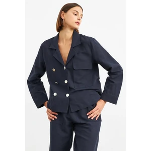 Stella Pulvis Lacivert Apaş Yaka Astarsız Keten Ceket