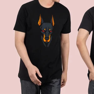 Doberman Baskılı Bisiklet Yaka 100% Pamuklu Tişört Siyah