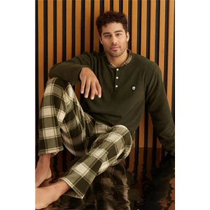 Pijama Evi Haki Krem ekose Desenli polar erkek pijama takımı