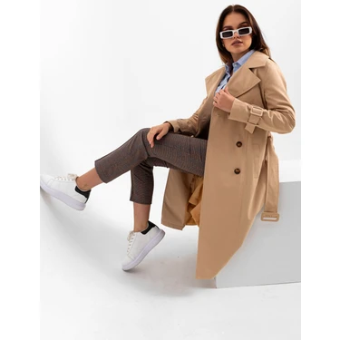 Pastelastore  Pamuk Gabardin Uzun (110CM) Astarlı Kemerli Kadın Trençkot