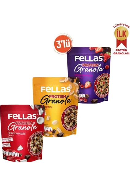 Granola 3'lü - Protein Bar Parçacıklı - Hindistan Cevizli 270G Kırmızı Meyveli 270G + Yer Fıstıklı 270G