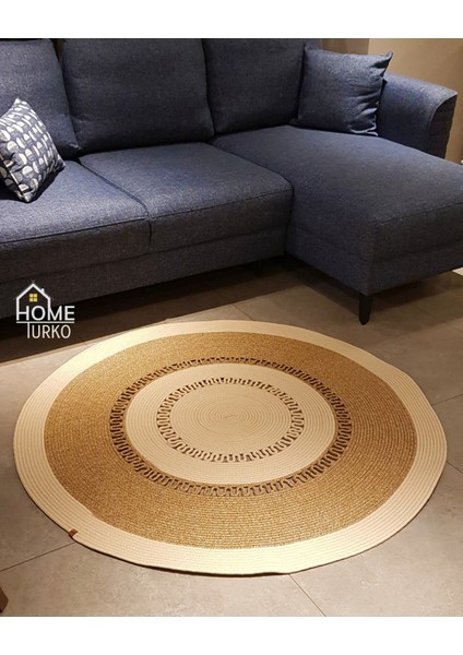 Moderin Hasır, Yuvarlak, Desenli Naturel Jüt Gri Kilim, Mutfak,salon Halısı /hediyelik, Ev Dekoru