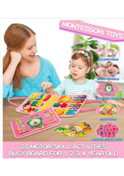 Robo Kids Montessori Keçe Eğitim Çantası Busy Board- Pembe 4 Sayfa