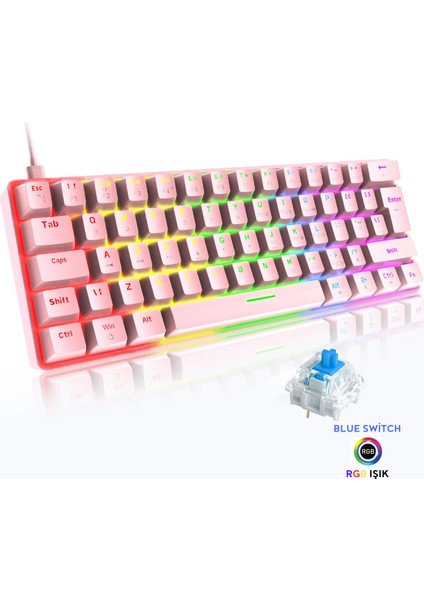 Blue Switch Mekanik Mini 62 Tuşlu Rgb Gaming Oyuncu Klavyesi - Pembe