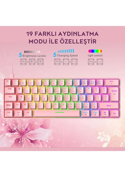 Blue Switch Mekanik Mini 62 Tuşlu Rgb Gaming Oyuncu Klavyesi - Pembe modelleri