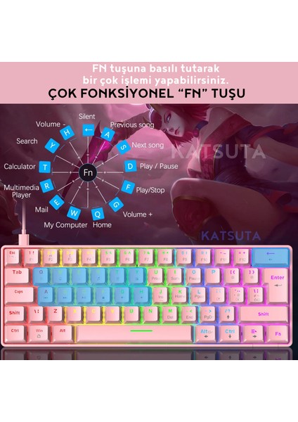 Blue Switch Mekanik Mini 62 Tuşlu Rgb Gaming Oyuncu Klavyesi - Pembe fırsatları