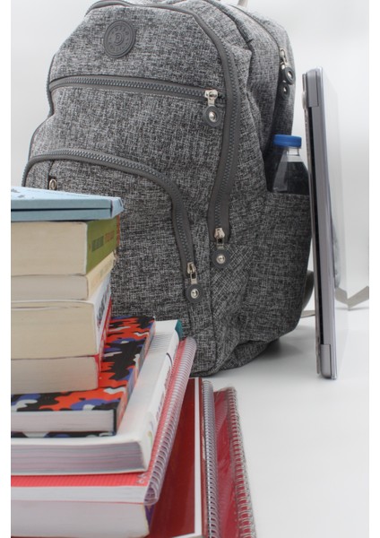 Collina Unisex Imperteks Kumaş Su Geçirmez Büyük Boy Çok Gözlü Gri Seyahat Sırt Çantası Okul Çantası RC-S001F