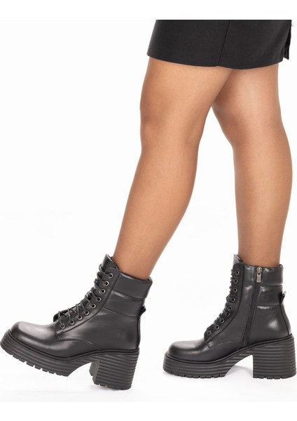 Kadın Hakiki Deri Küt Burun Yüksek Taban Topuklu Bot