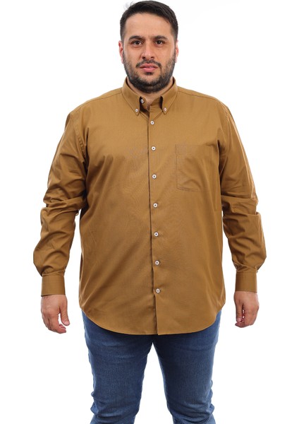Erkek Büyük Beden Hardal Pamuk Düğmeli Yaka Cepli Uzun Kol Gömlek 515
