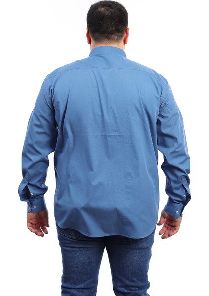 Erkek Büyük Beden Indigo Pamuk Düğmeli Yaka Cepli Uzun Kol Gömlek (8066) modelleri