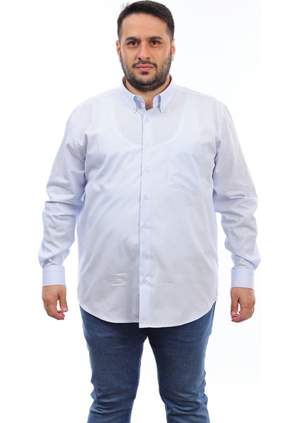 Erkek Büyük Beden Mavi Pamuk Düğmeli Yaka Cepli Uzun Kol Gömlek 330