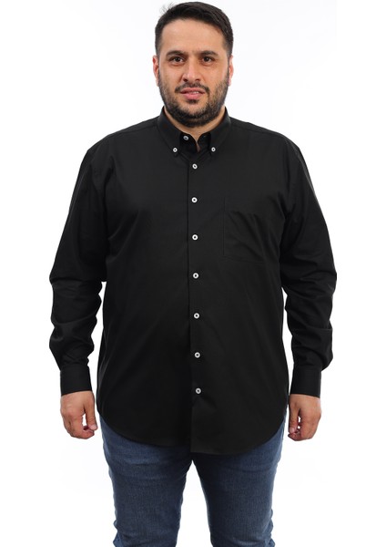Erkek Büyük Beden Siyah Pamuk Düğmeli Yaka Cepli Uzun Kol Gömlek