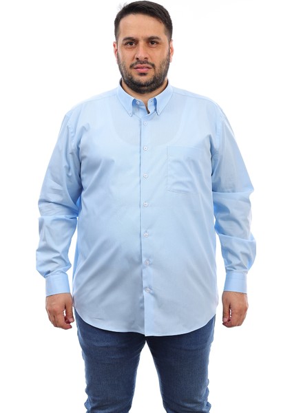 Erkek Büyük Beden Mavi Pamuk Düğmeli Yaka Cepli Uzun Kol Gömlek 340