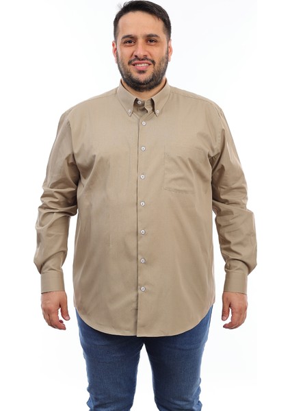 Erkek Büyük Beden Haki Pamuk Düğmeli Yaka Cepli Uzun Kol Gömlek 174