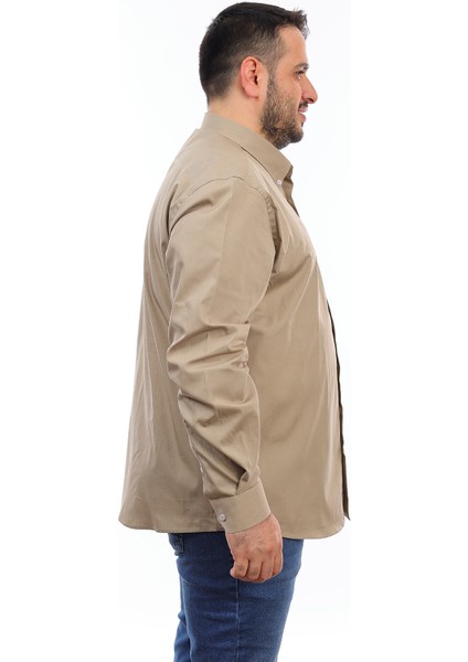 Erkek Büyük Beden Haki Pamuk Düğmeli Yaka Cepli Uzun Kol Gömlek 174 fiyatları