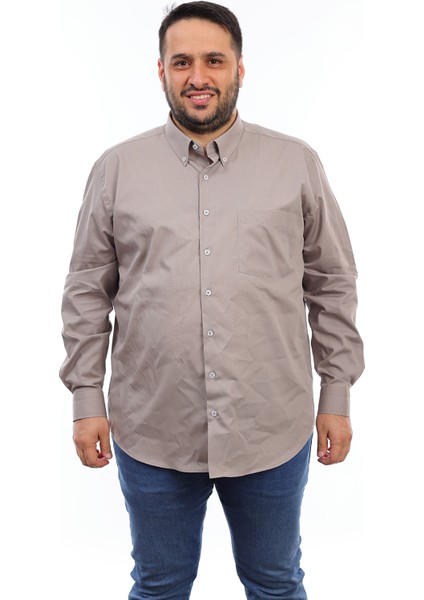 Erkek Büyük Beden Vizon Pamuk Düğmeli Yaka Cepli Uzun Kol Gömlek 12010