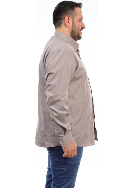 Erkek Büyük Beden Vizon Pamuk Düğmeli Yaka Cepli Uzun Kol Gömlek 12010 fiyatları