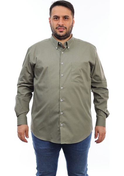 Erkek Büyük Beden Haki Pamuk Düğmeli Yaka Cepli Uzun Kol Gömlek 735