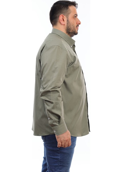 Erkek Büyük Beden Haki Pamuk Düğmeli Yaka Cepli Uzun Kol Gömlek 735 modelleri