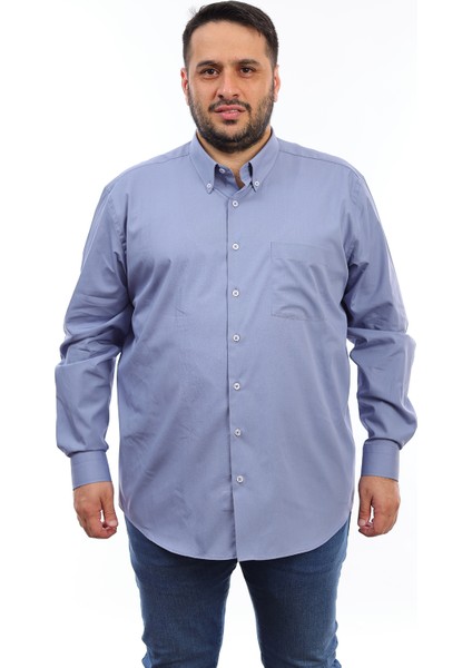 Erkek Büyük Beden Gri Pamuk Düğmeli Yaka Cepli Uzun Kol Gömlek 6258