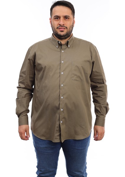 Erkek Büyük Beden Haki Pamuk Düğmeli Yaka Cepli Uzun Kol Gömlek 494