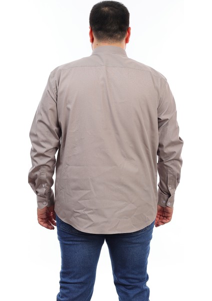 Erkek Büyük Beden Vizon Pamuk Düğmeli Yaka Cepli Uzun Kol Gömlek 12010 modelleri