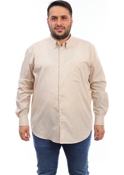 Erkek Büyük Beden Bej Pamuk Düğmeli Yaka Cepli Uzun Kol Gömlek 550