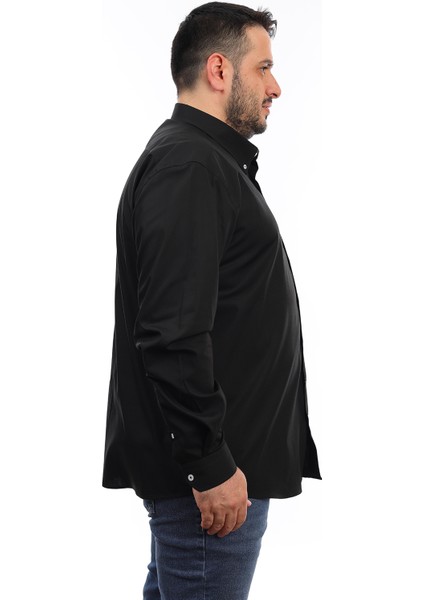 Erkek Büyük Beden Siyah Pamuk Düğmeli Yaka Cepli Uzun Kol Gömlek fiyatları