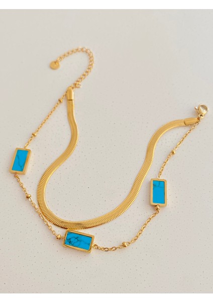 Turkuaz Taşlı Italyan Zincir Dikdörtgen Gold Çelik Bileklik 16+6cm fiyatları