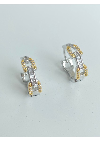 Swarovski Taşlı Çift Renk Altın Motif Çelik Küpe