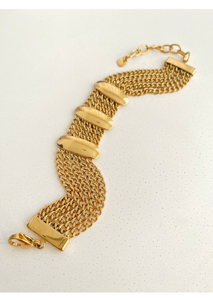 Beş Sıralı Gold Çelik Bileklik En 2cm 16+6cm