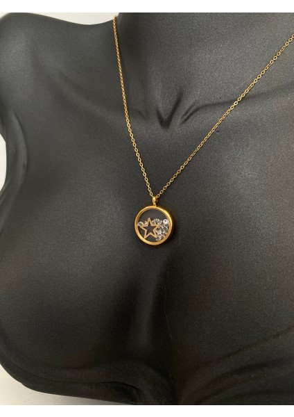 Cam Içinde Çift Taraflı Yıldız Gold Çelik Kolye