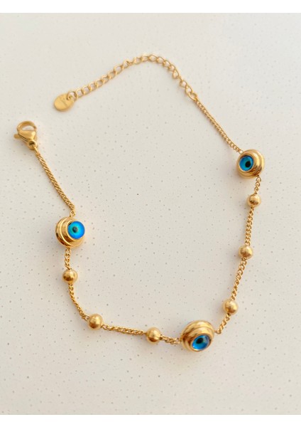 Çift Taraflı Nazar Gold Çelik Bileklik En 0,8 cm 16+6cm