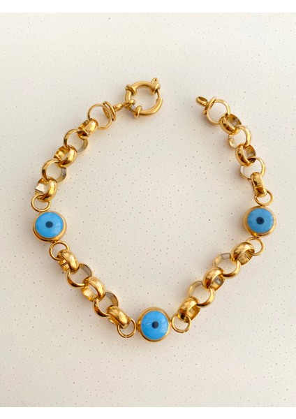 Çift Taraflı Nazar Gold Kalın Zincir Çelik Bileklik En 1 cm 16+6cm