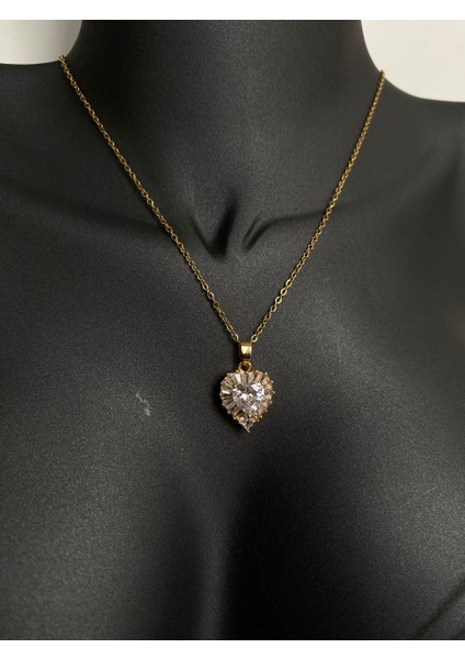 Swarovski Taşlı Kalp Gold Çelik Kolye