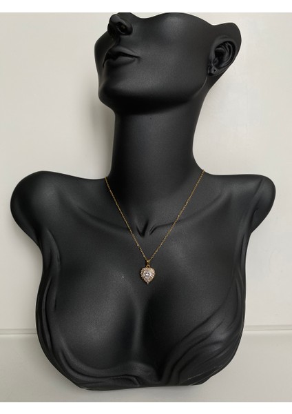Swarovski Taşlı Kalp Gold Çelik Kolye