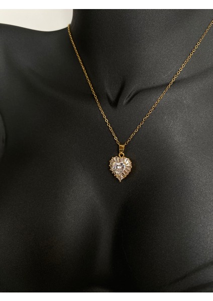 Swarovski Taşlı Kalp Gold Çelik Kolye