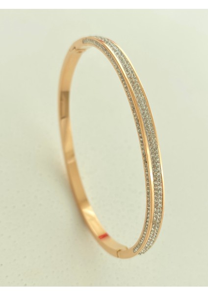 Swarovski Taşlı Üst ve Yanlar Talşı Rose Çelik Bileklik En 0,4 cm