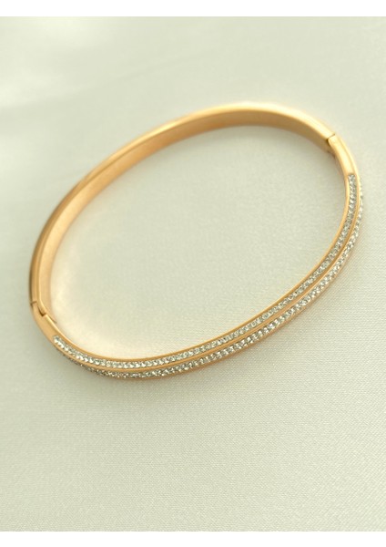 Swarovski Taşlı Üst ve Yanlar Talşı Rose Çelik Bileklik En 0,4 cm
