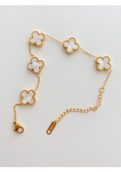 Çift Taraflı Yonca Sedef Gold Çelik Bileklik En 1,5cm Boy 18+6 cm
